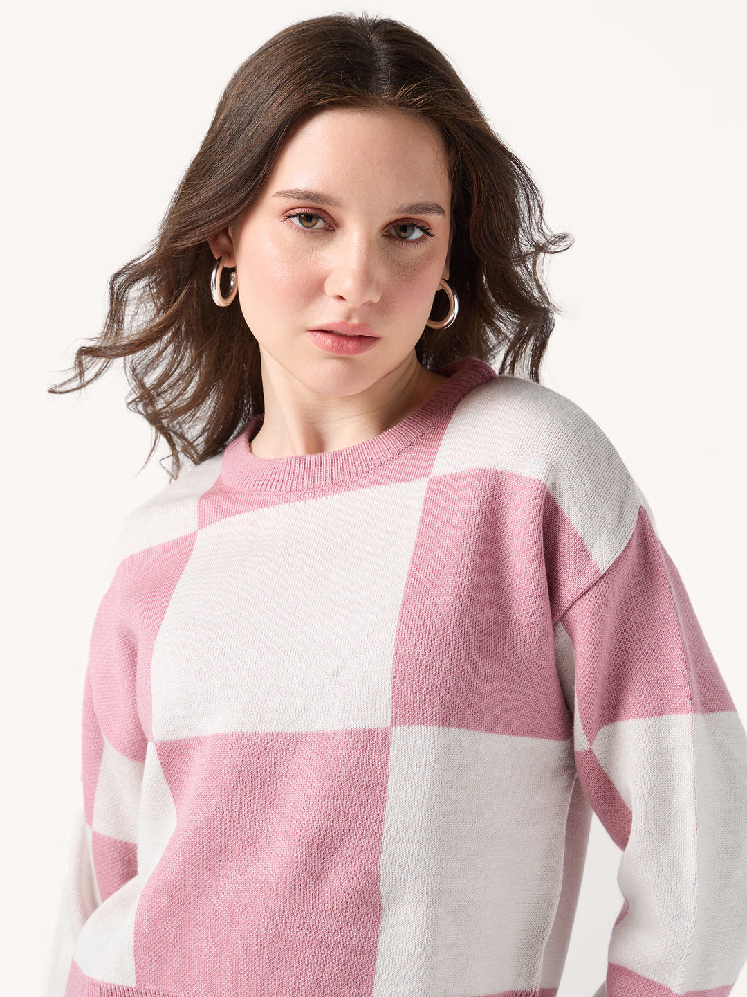 Pink Colour Block Checkered Sweater