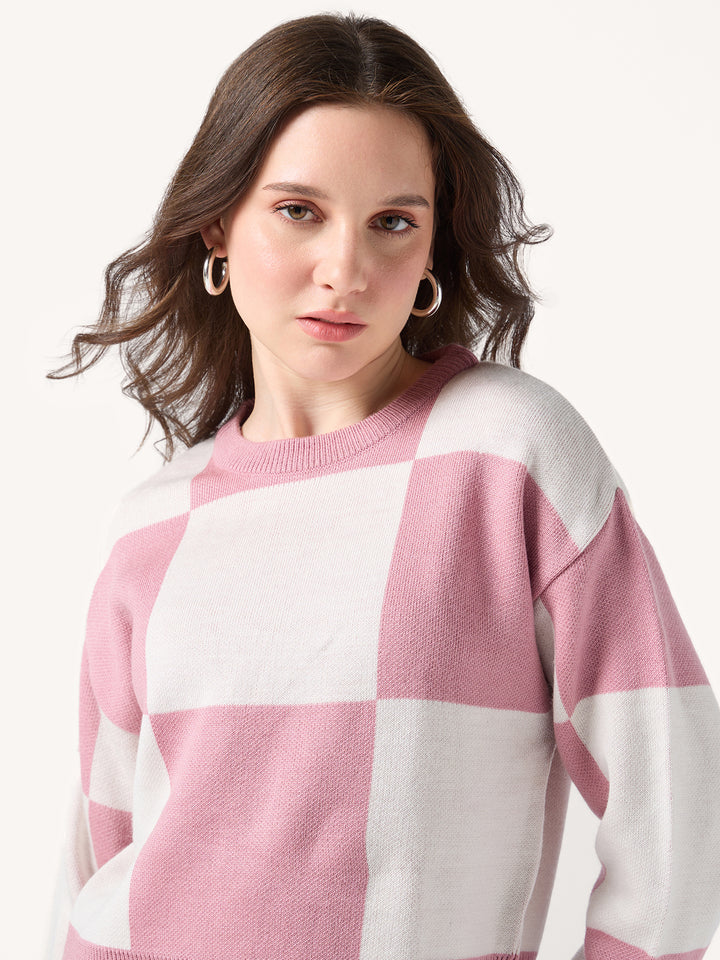 Pink Colour Block Checkered Sweater