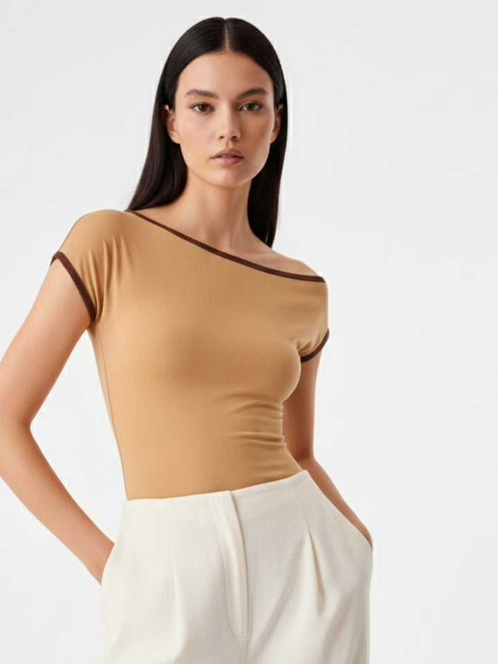 Beige Off-Shoulder Contrast Rib Knit Top