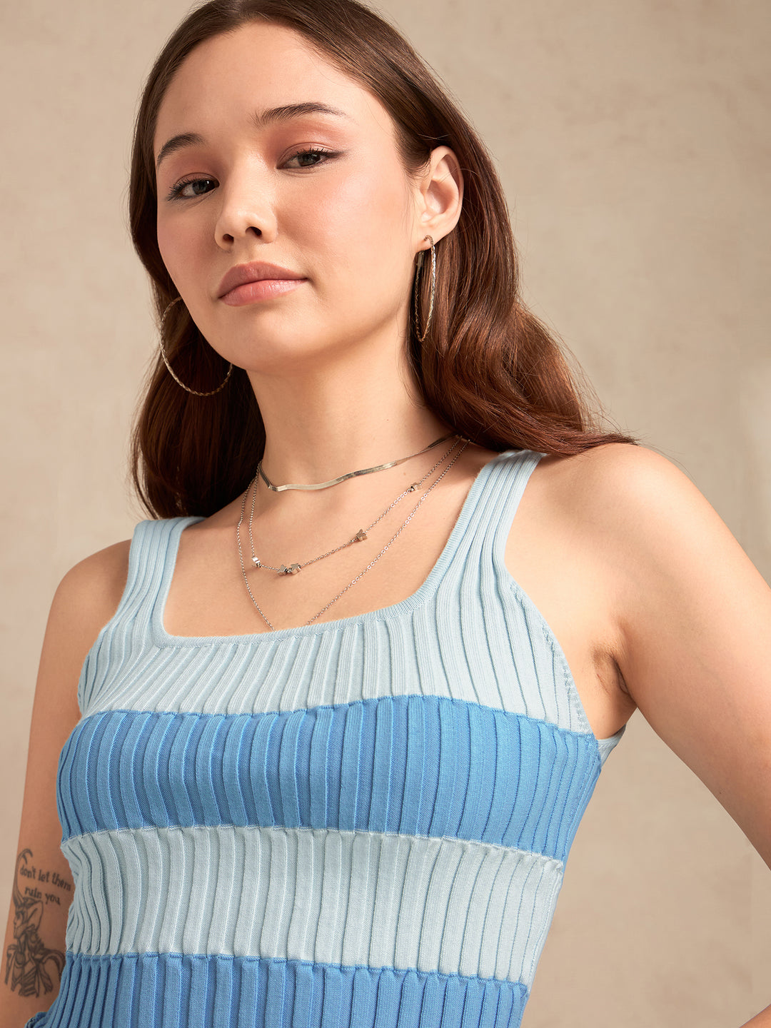 Blue Square Neck Flat Knit Tank