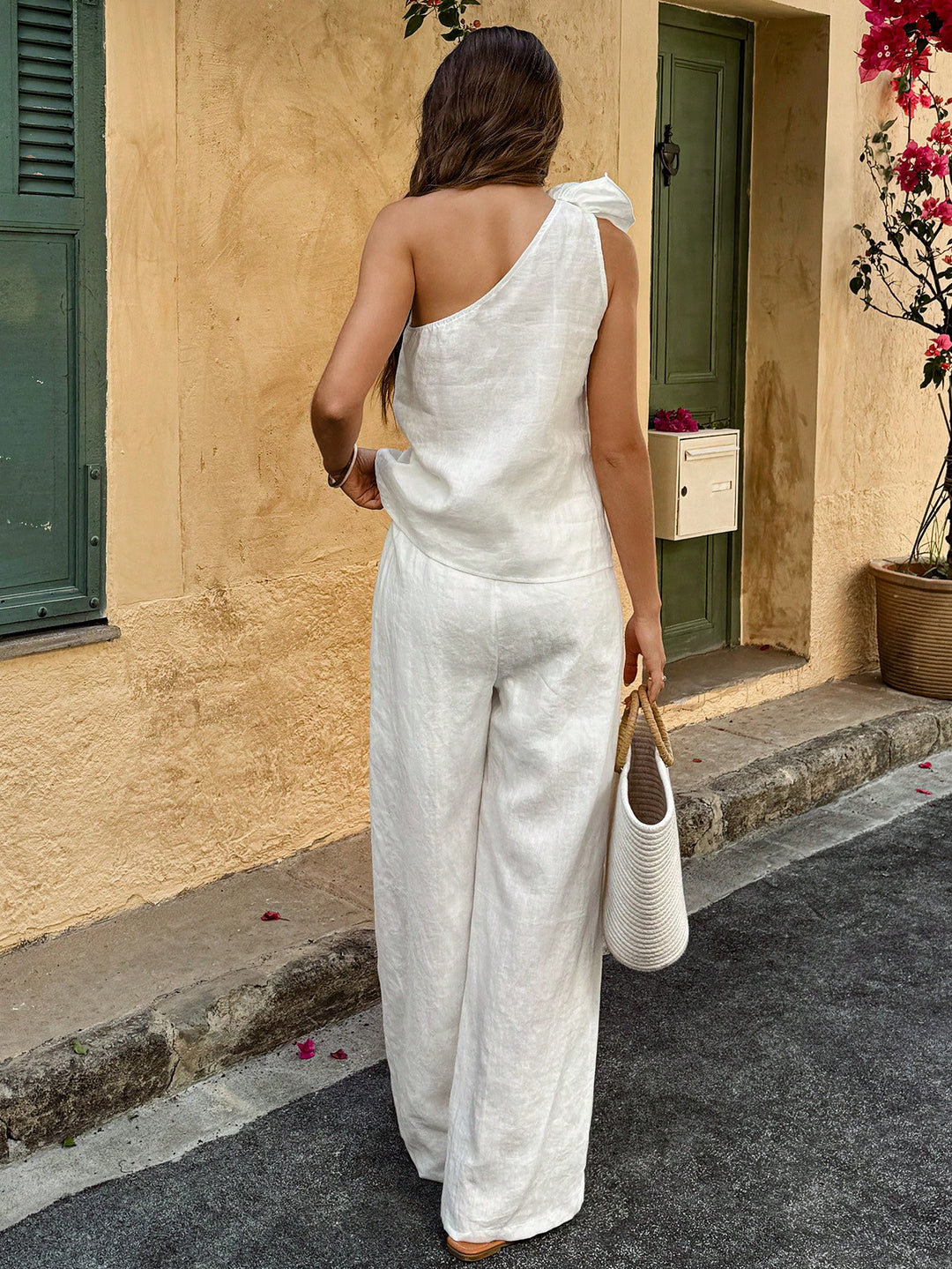 White One Shoulder Corsage Top With Wide Leg Trouser Coord Set