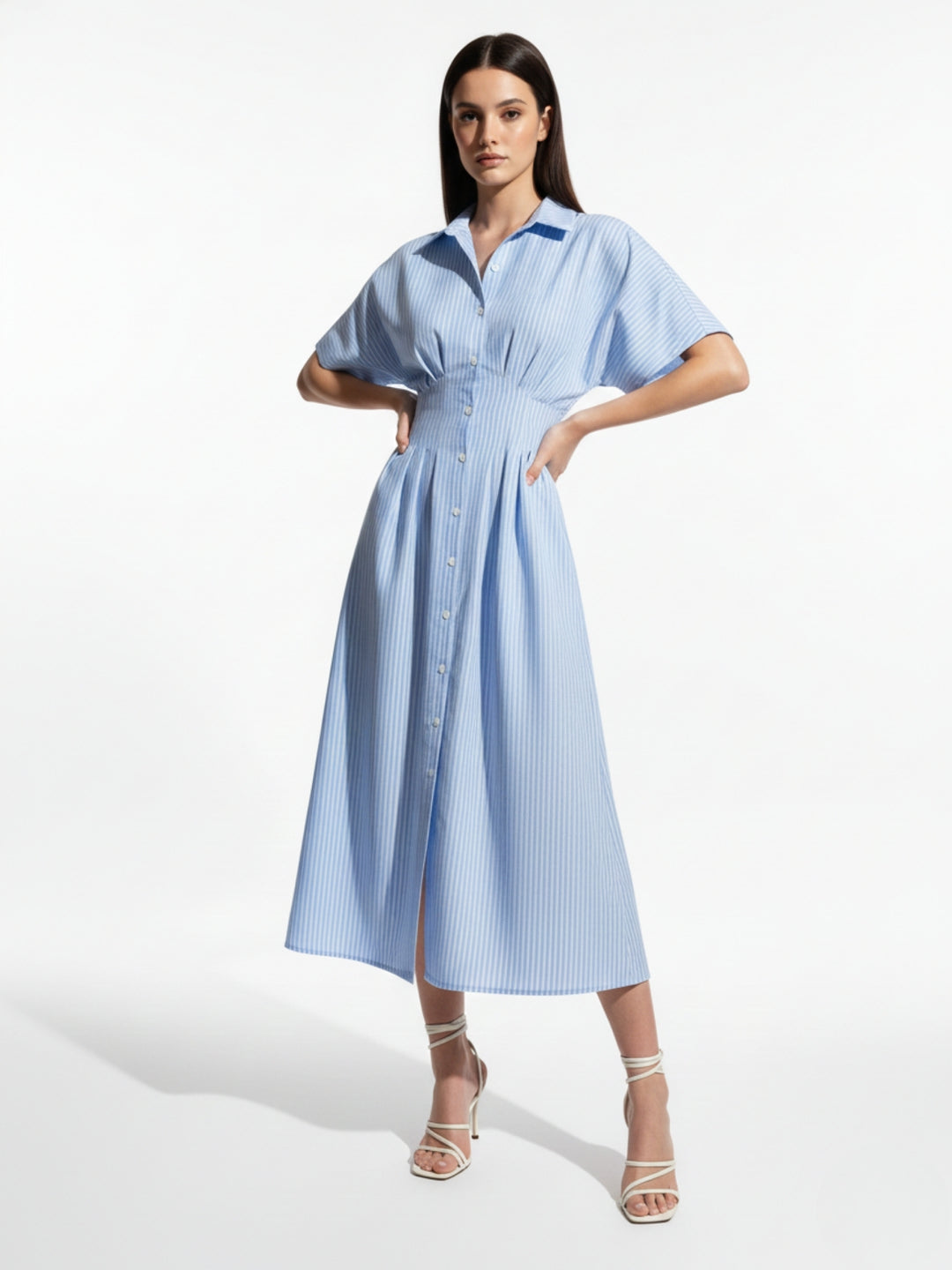 Blue Waist Fitted Collared Dress