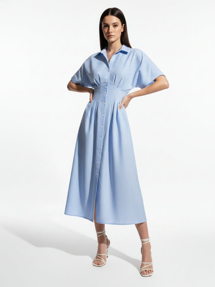 Blue Waist Fitted Collared Dress