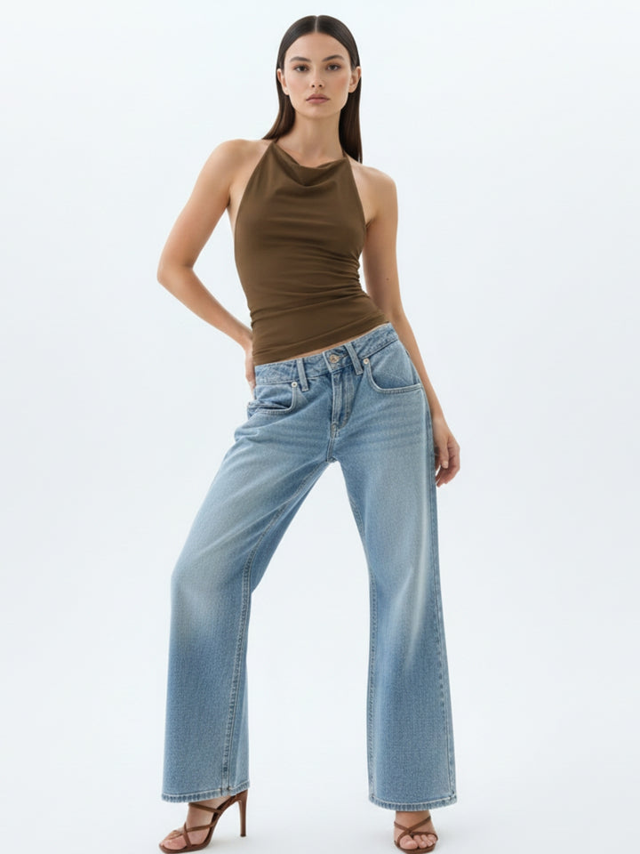 Brown Halter Cowl Neck Fitted Top