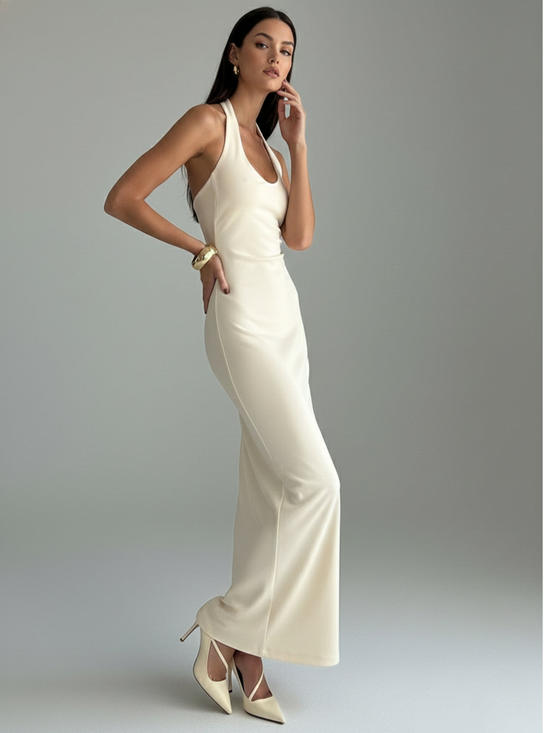 Cream Halter Neck Fitted Dress
