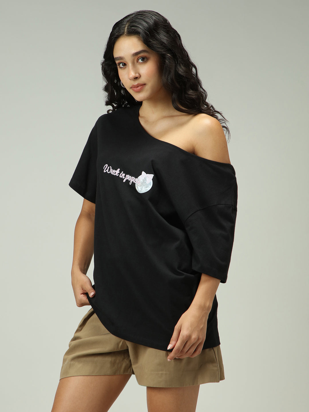 Black One Shoulder Graphic T-Shirt