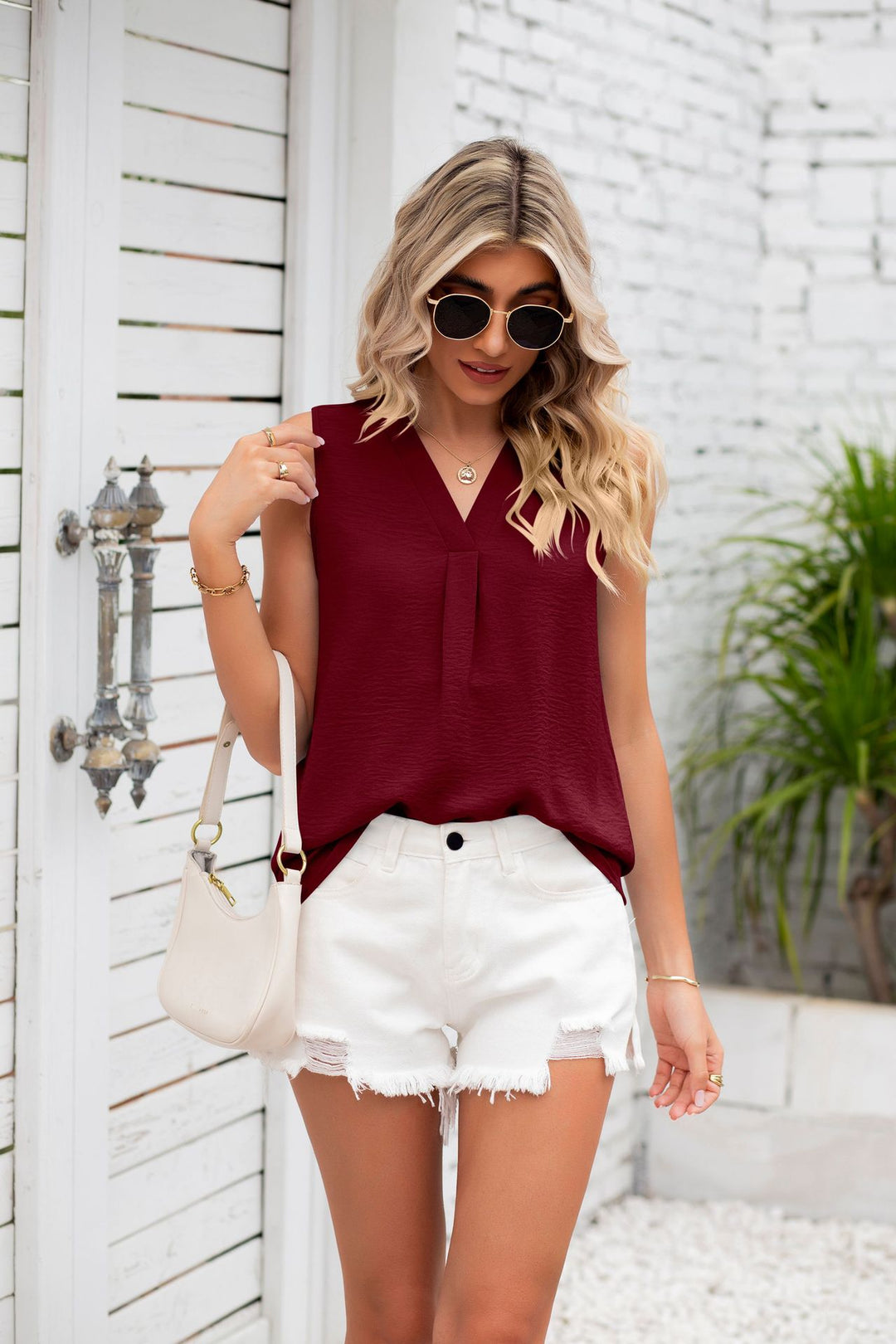 Maroon Sleeveless V Neck Solid Top