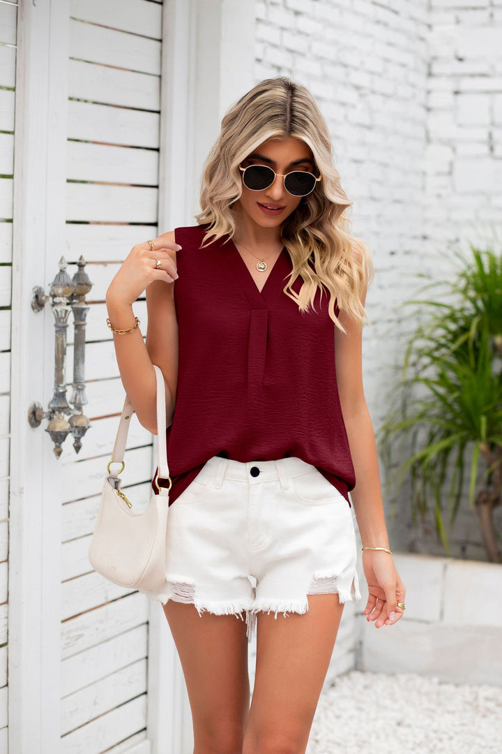 Maroon Sleeveless V Neck Solid Top