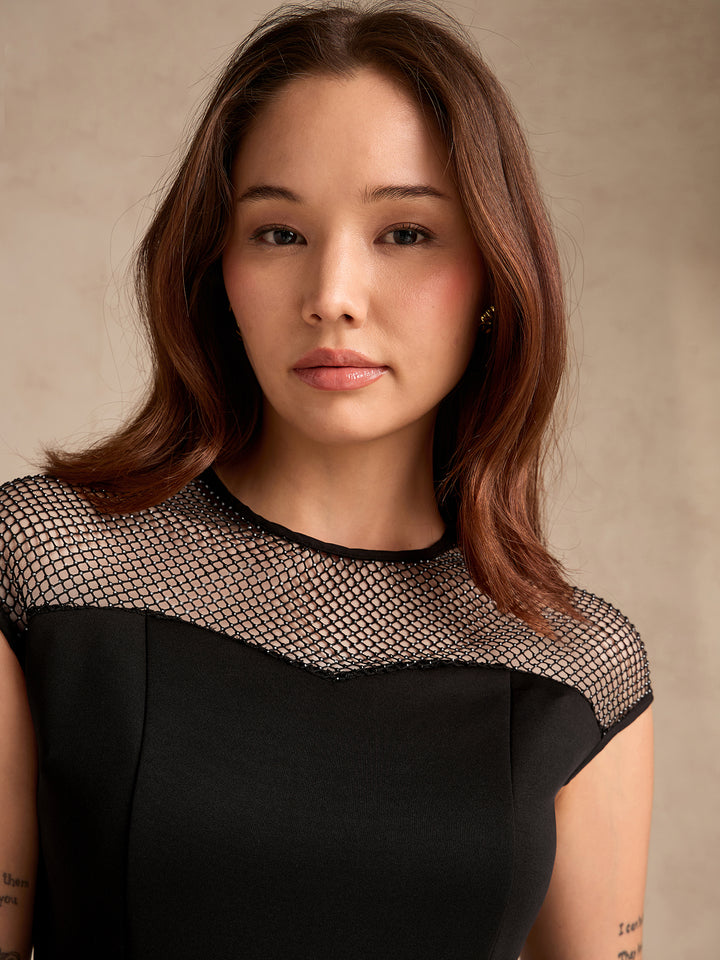 Black Studded Mesh Peplum Top