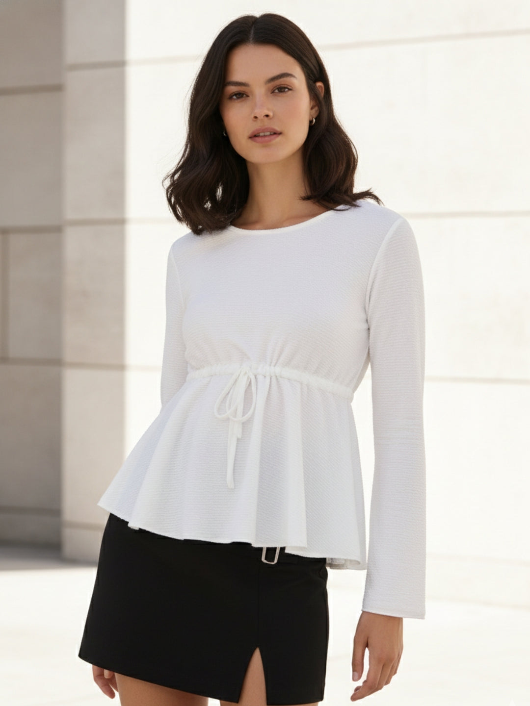 White Deep Round Neck Peplum Top With Full Sleeves
