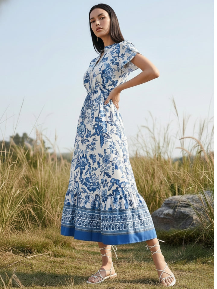 Blue Short Sleeve Collared Neck Printed Dress