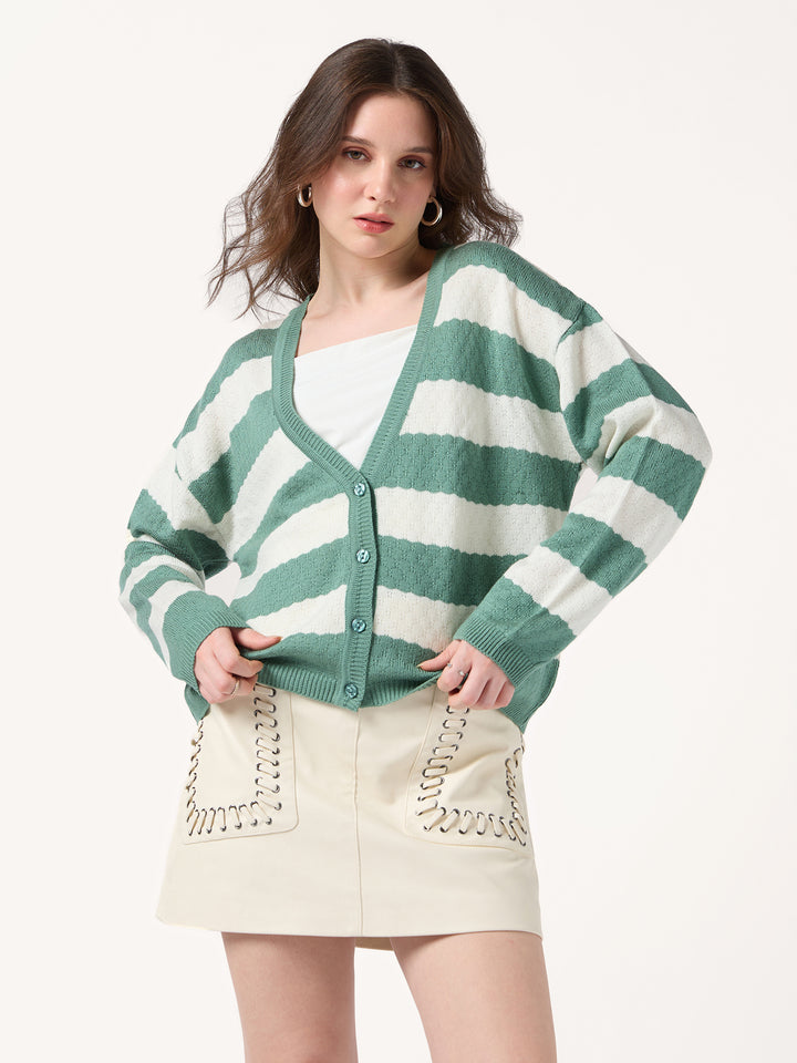 Green Striped Boxy Cardigan