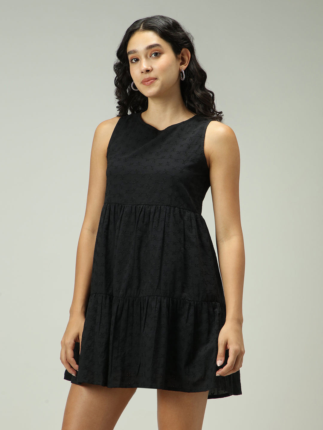 Black Mini Tiered Schiffli Dress