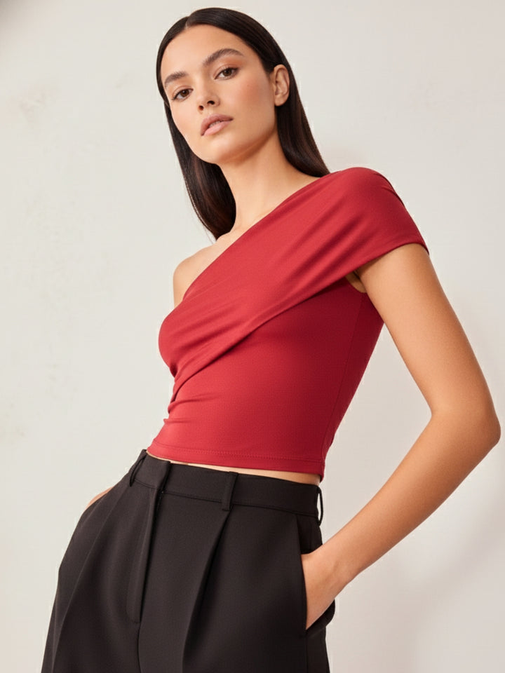 Red Textured One Shoulder Knit Top
