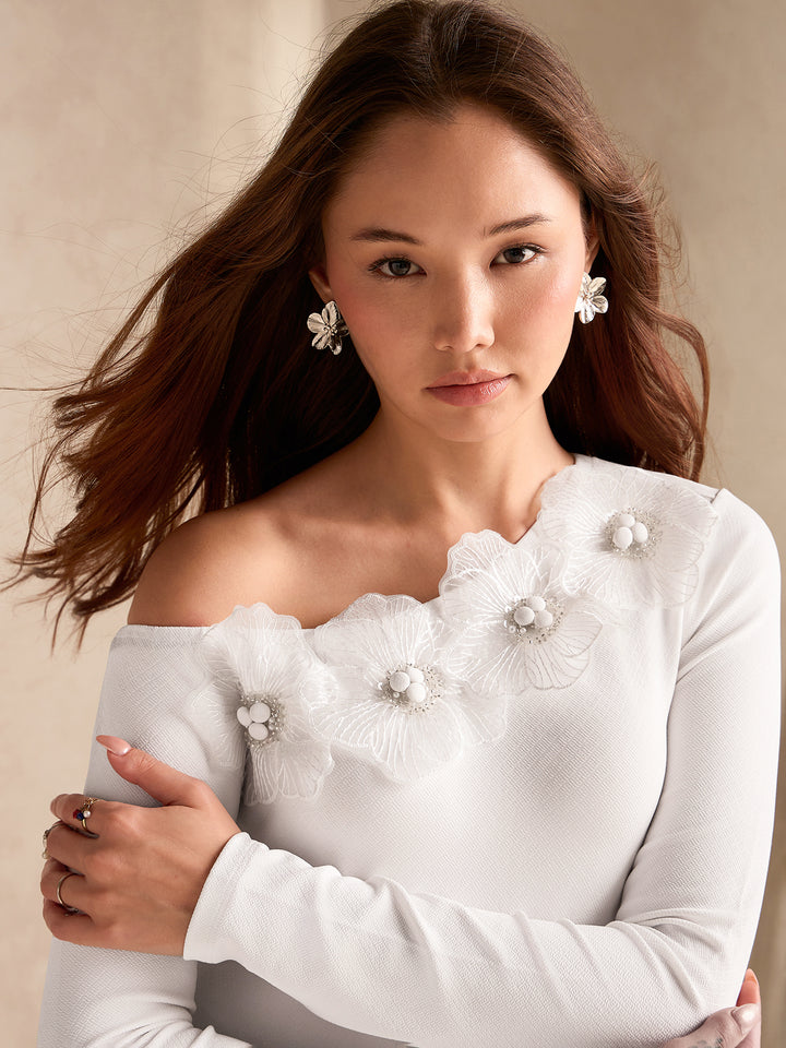 White Off-Shoulder Top With Floral Embellishments