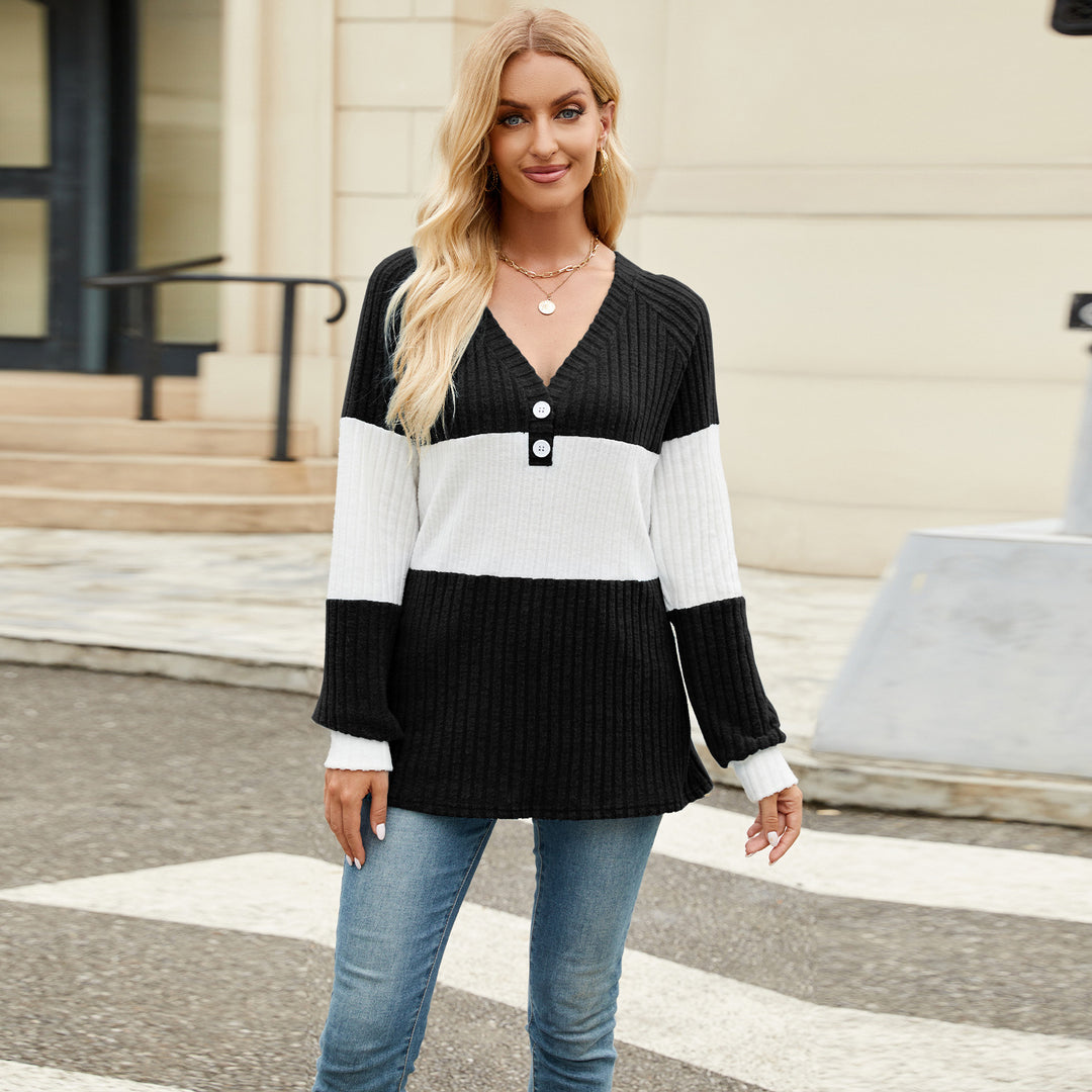 Black Full Sleeves Colour Block V Neck Top