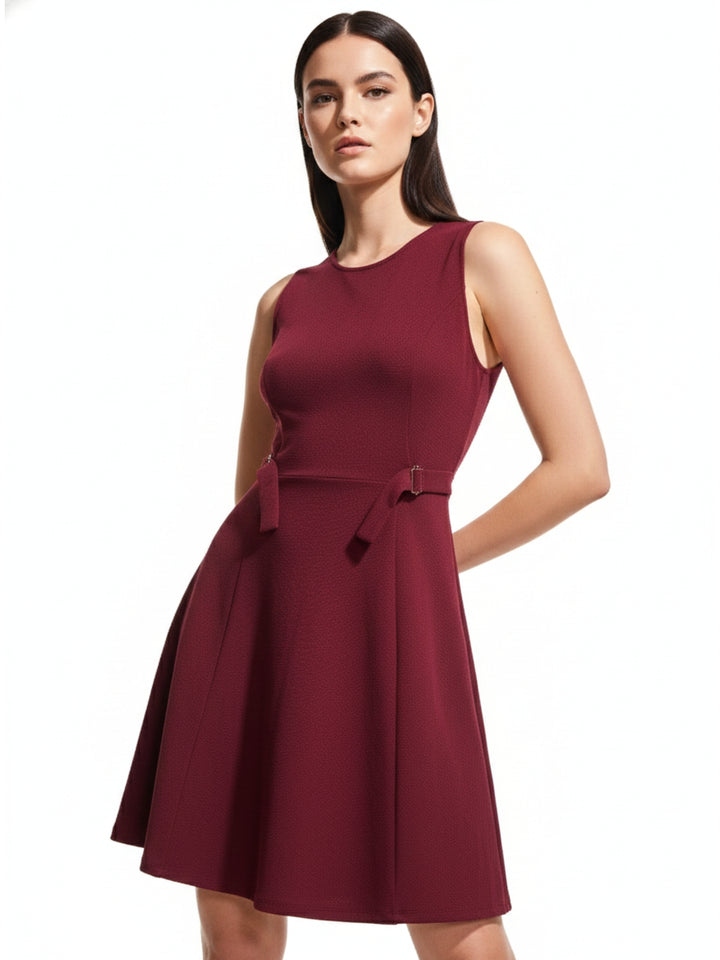Wine Mini Flared Dress With Buckle Detail At Waist