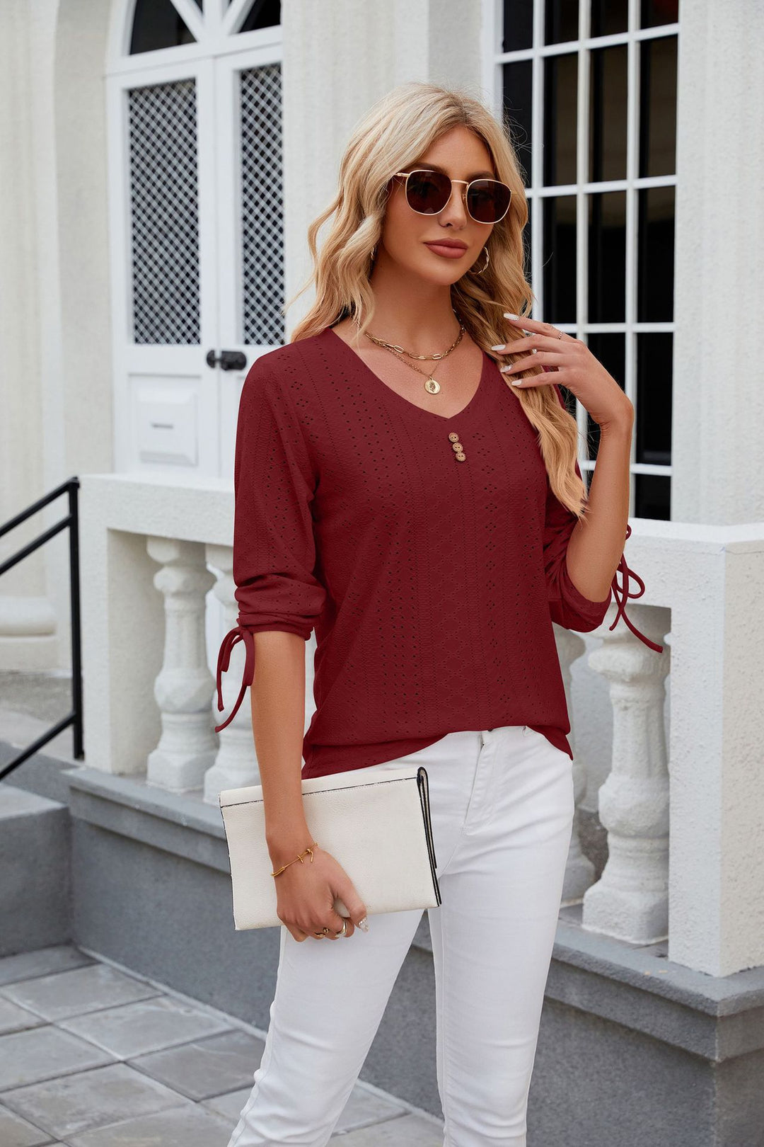 Red V Neck Textured Top