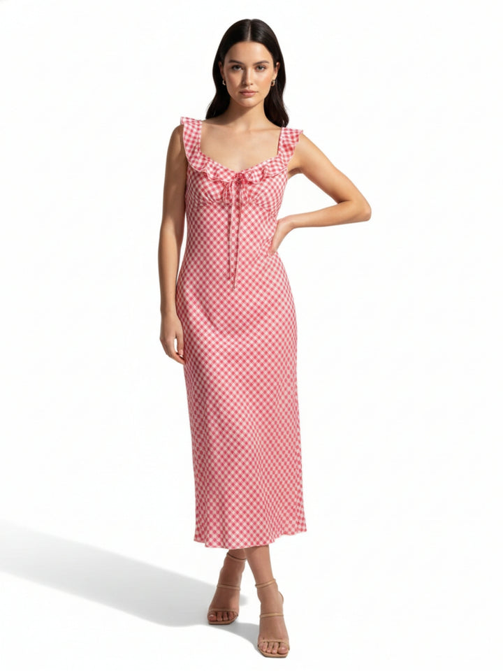 Red Checkered Ruffle Detailed Midi Dress