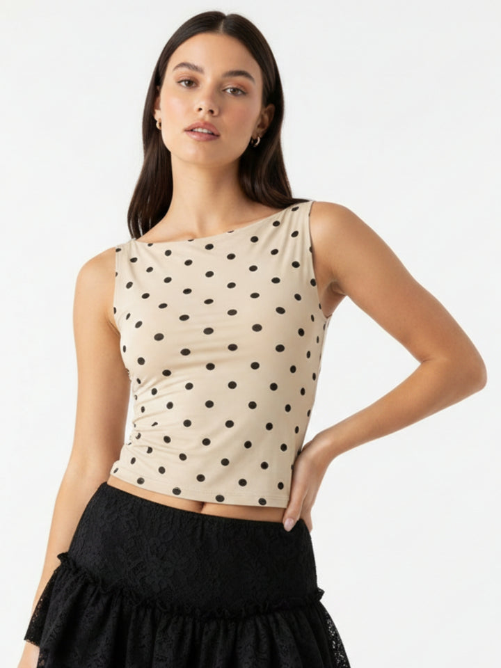 Beige Sleeveless Polka Dot Tank