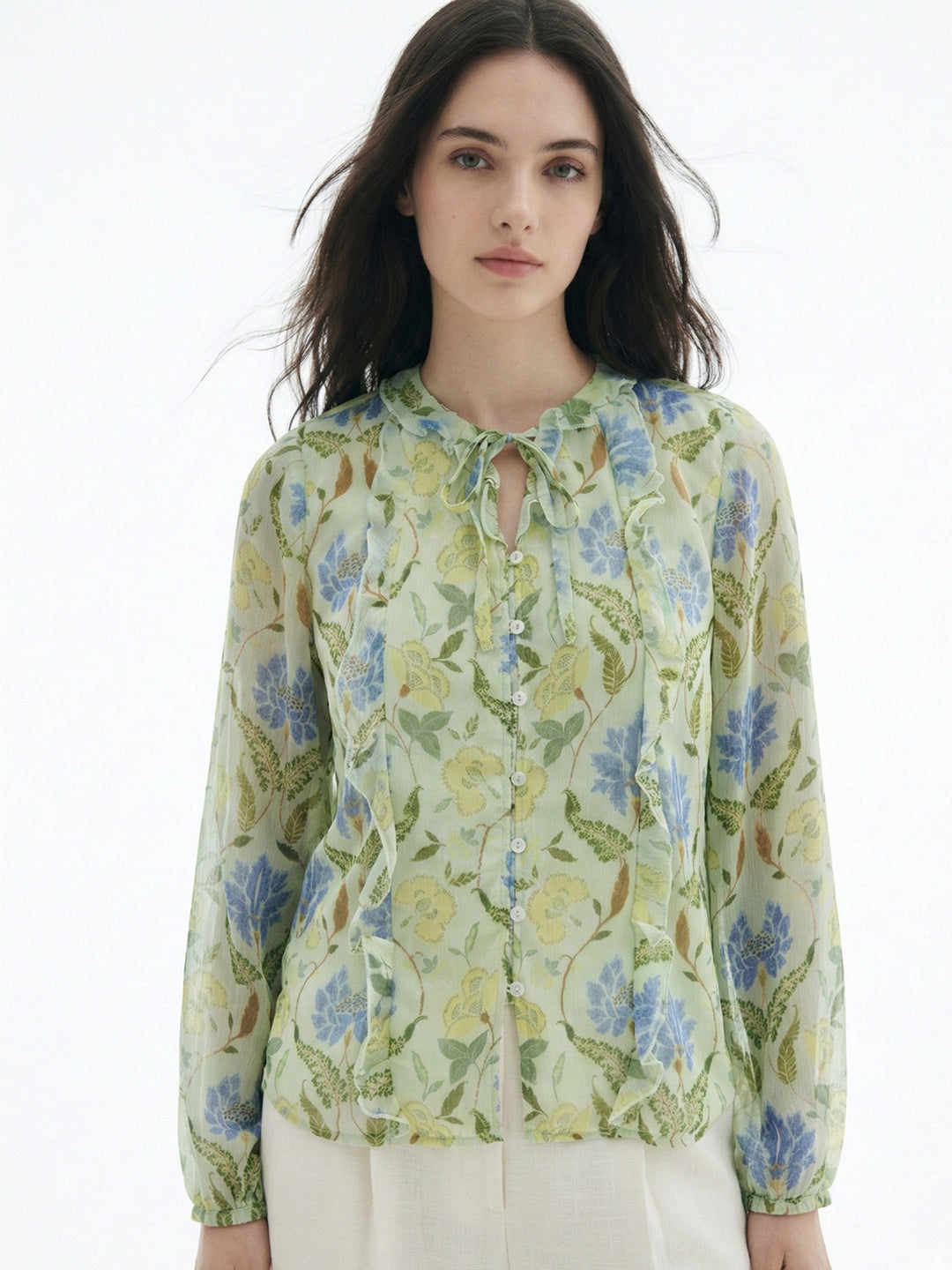 Green Printed With Ruffle Details Blouse