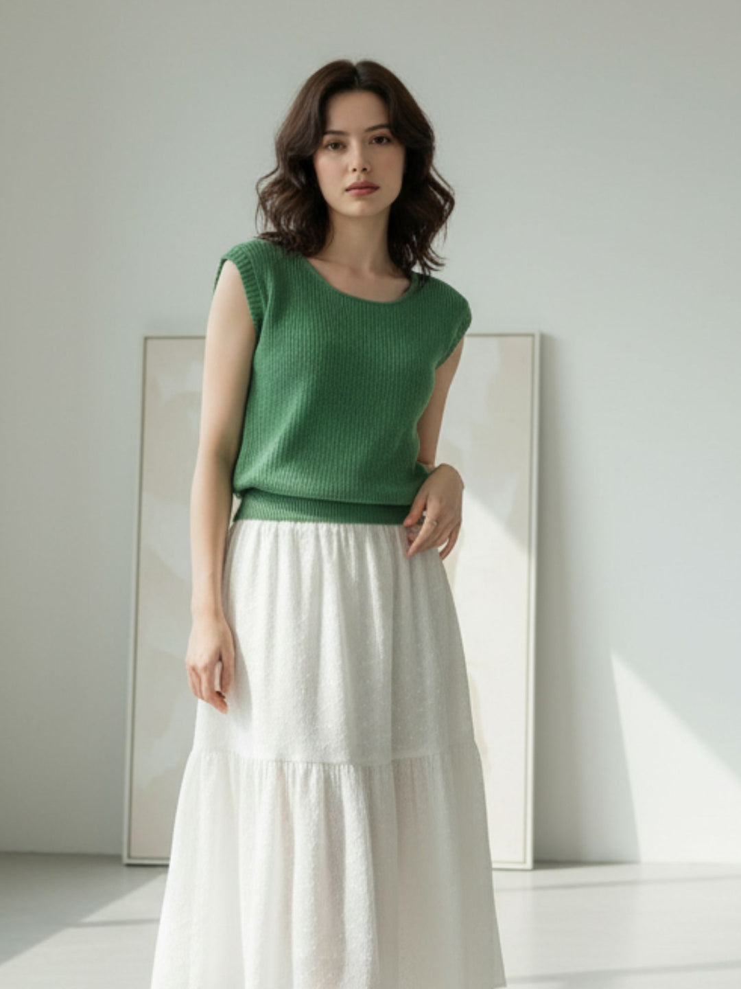 Green Cap Sleeves Round Neck  Relaxed Tops