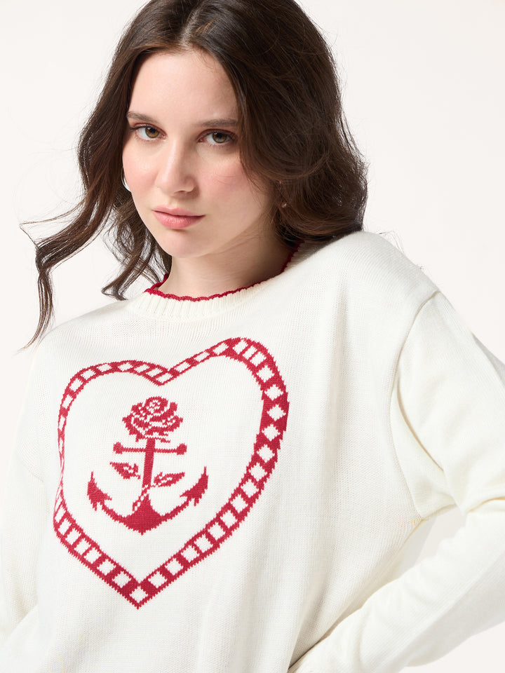 White Contrast Stitch Hem And Neck With Graphic Sweater