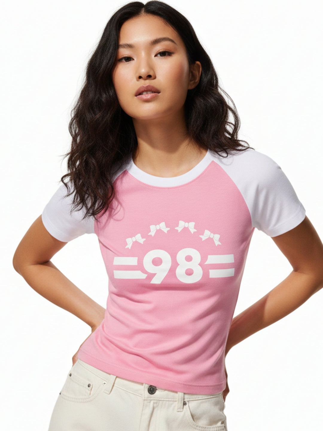 Pink Raglan Cropped Top With Graphic Print