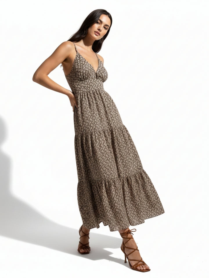 Brown Spaghetti Strap Tiered Dress