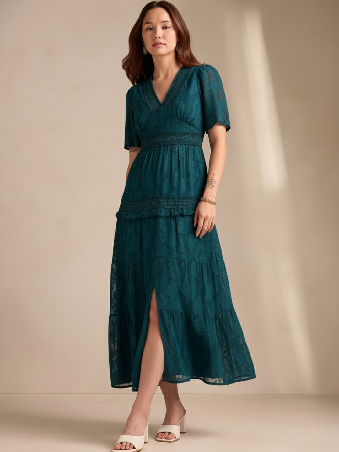 Teal Plunge Neck Jacquard Tiered Dress With Lace Detail