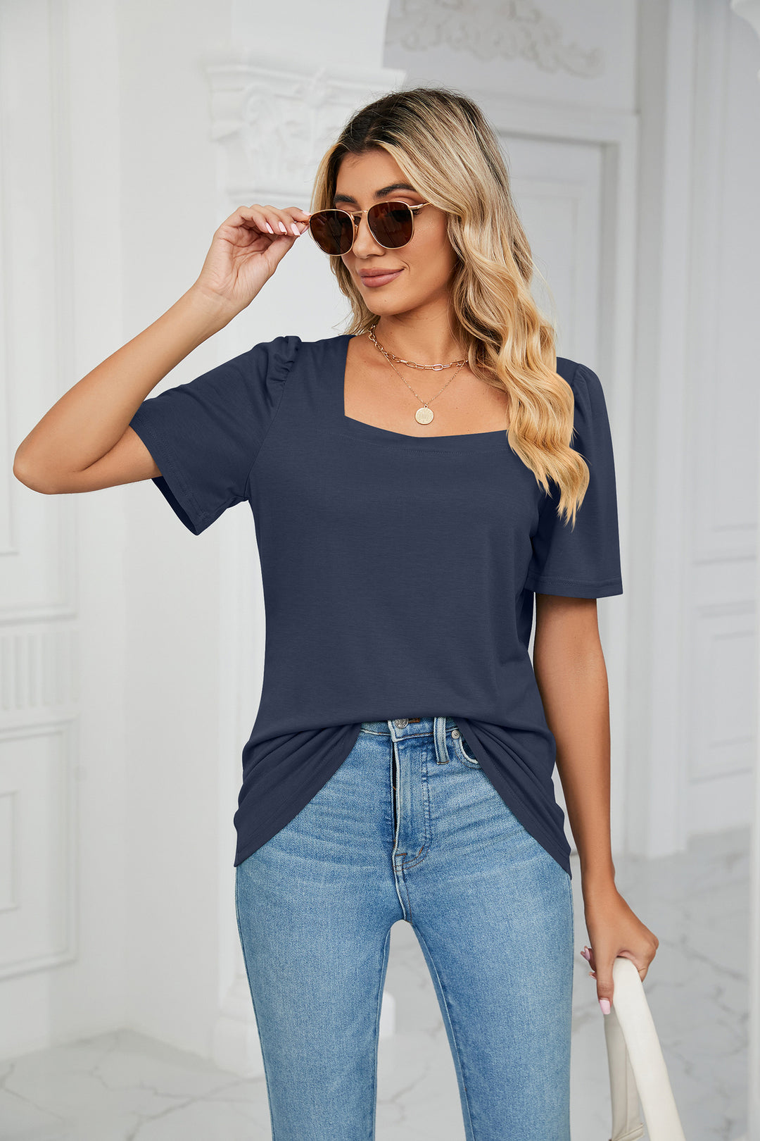 Navy Blue Short Sleeve Square Neck Top
