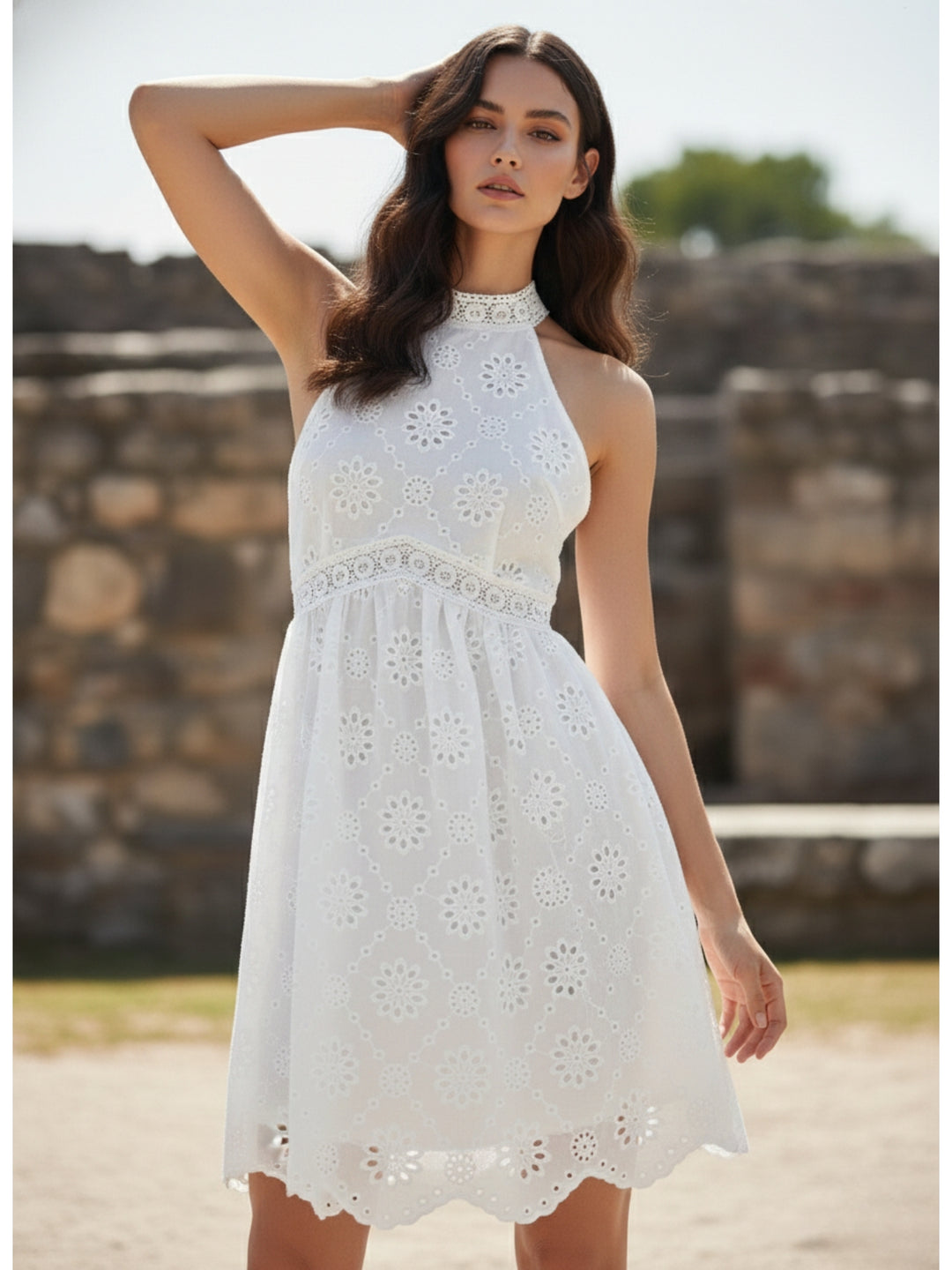 White Halter Neck Schiffli Dress