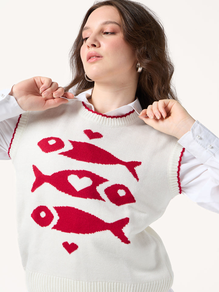 Off White Sleeveless Contrast Rib Sweater