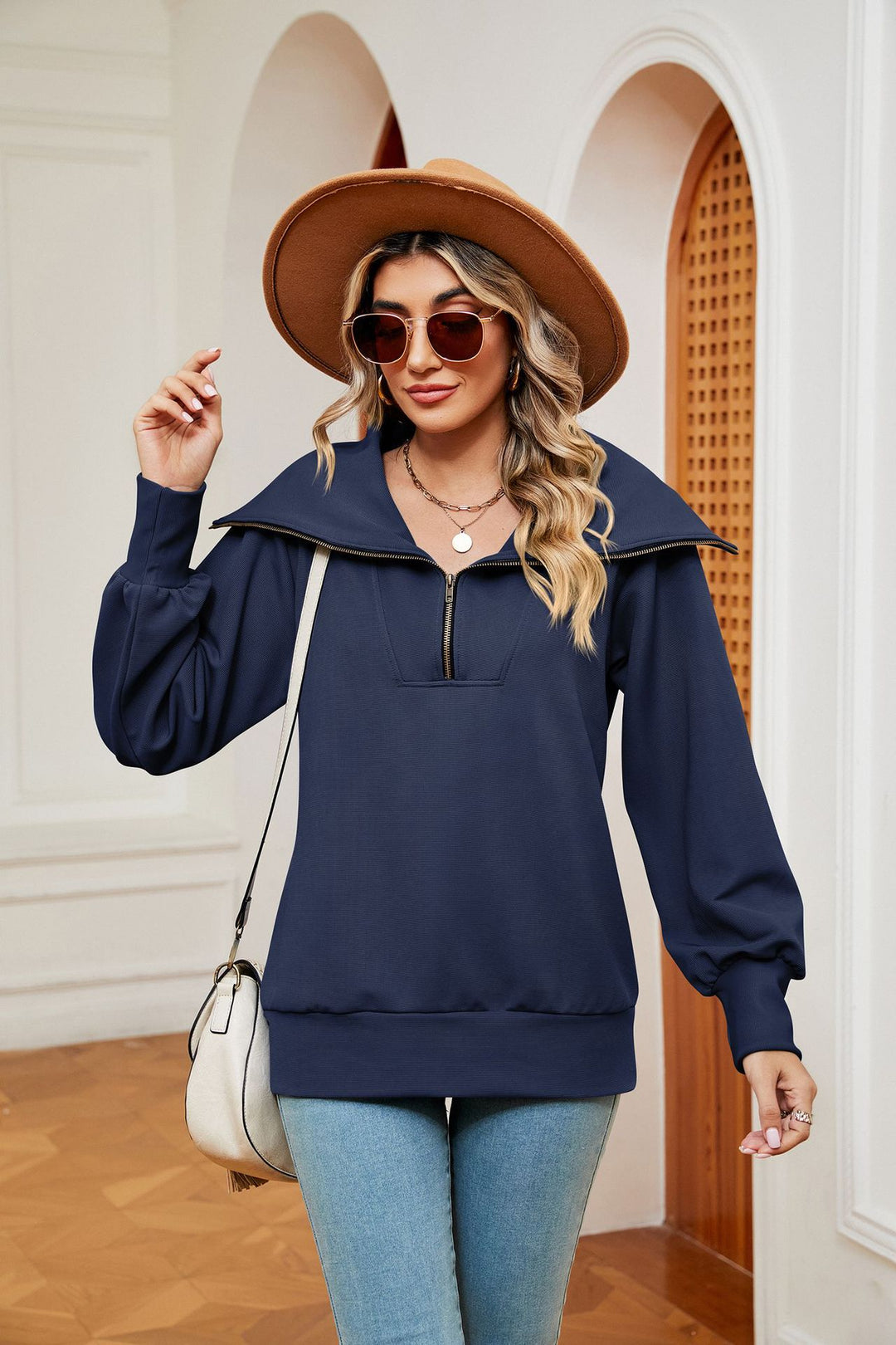 Navy Blue Full Sleeves Big Collar Half Zip Sweatshirt