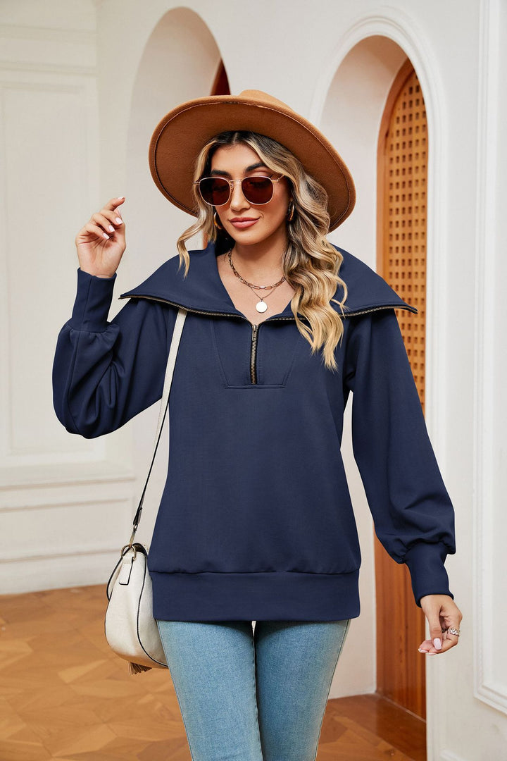 Navy Blue Full Sleeves Big Collar Half Zip Sweatshirt