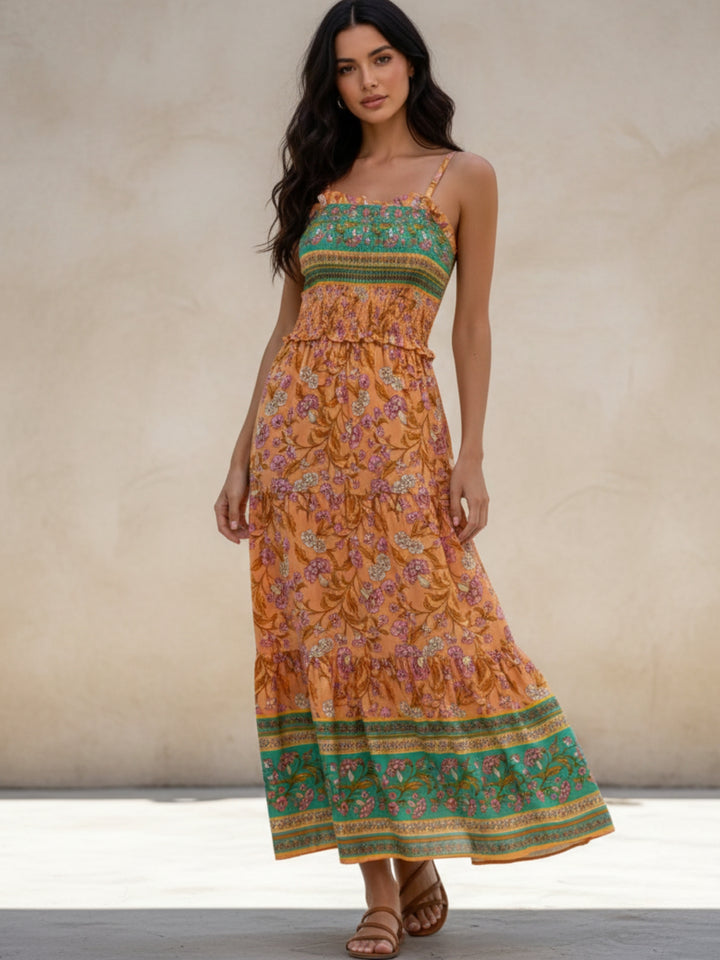 Orange Spaghetti Strap Printed Tiered Dress