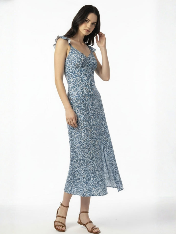 Blue Ruffle Sleeve Side Slit Dress