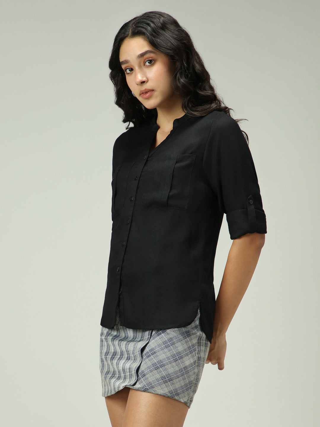 Black Solid V Neck Shirt