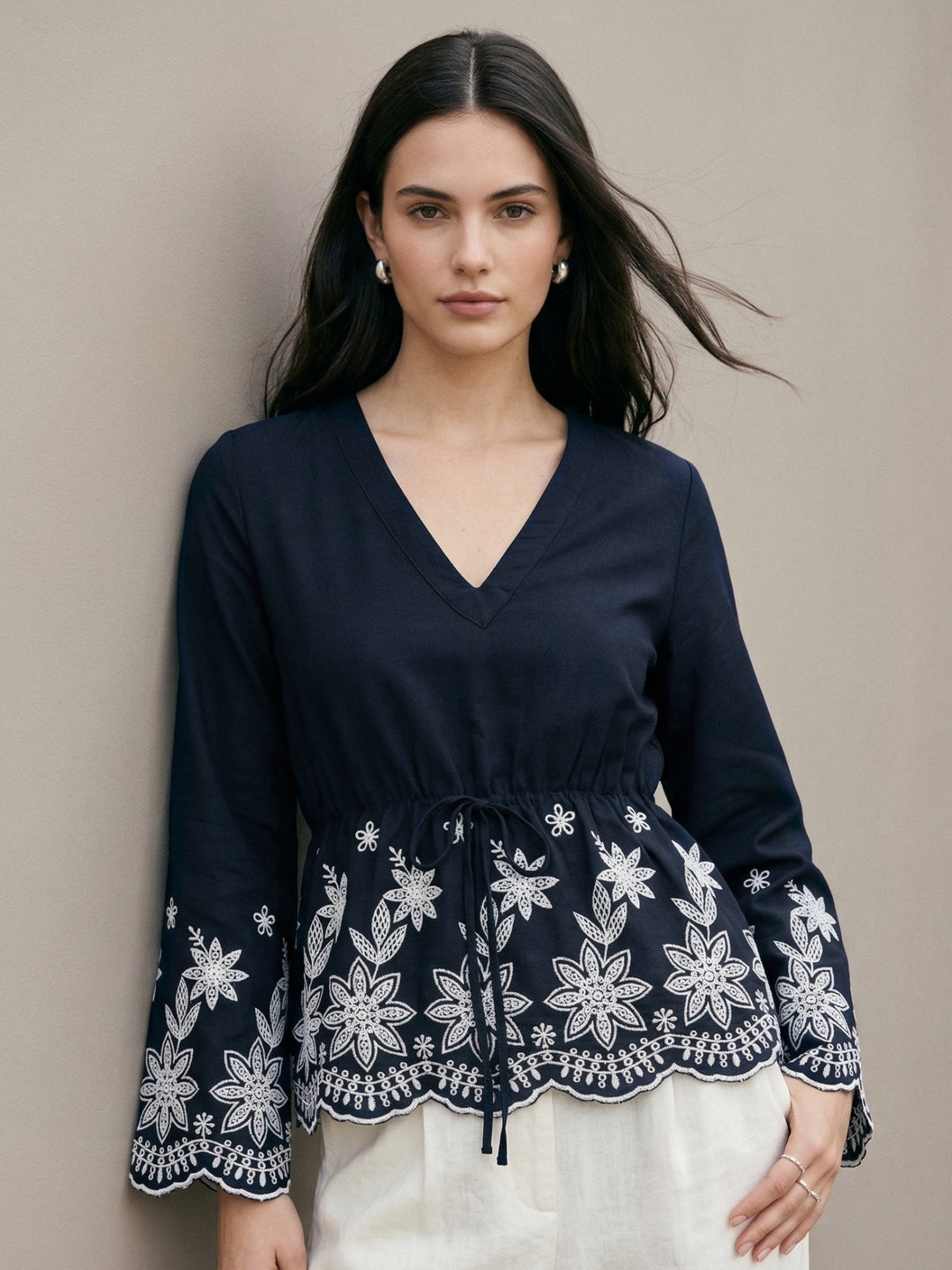Navy Blue Floral Border Deep V Neck  Blouse