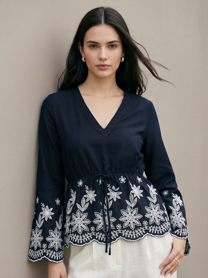 Navy Blue Floral Border Deep V Neck  Blouse