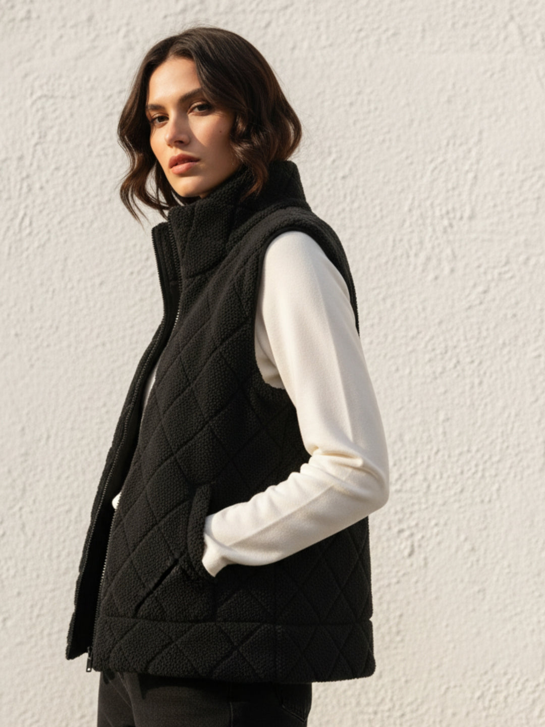 Black Sleeveless Zip Front Funnel Neck Jacket