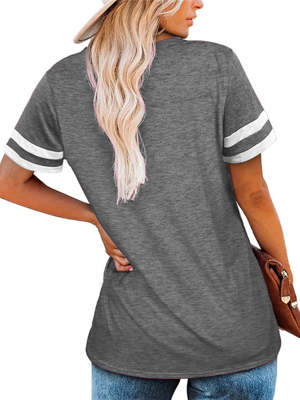 Grey Short Sleeves V Neck Top