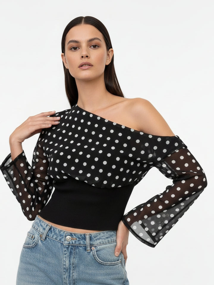 Black Off-Shoulder Polka-Dotted Top