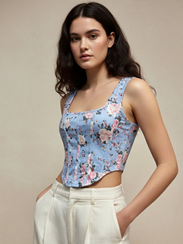 Blue Shoulder Strap Floral Printed Corset Top