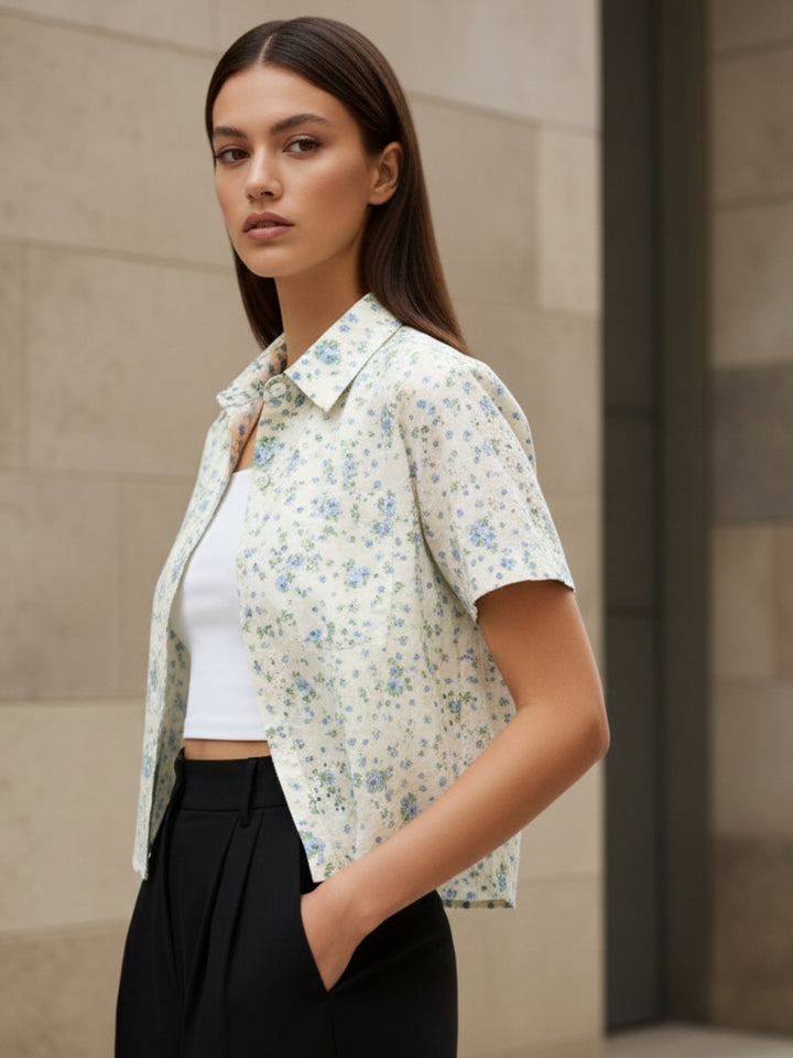 White Printed Cotton Schiffli Cropped Shirt