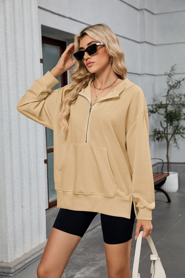 Beige Full Sleeves Half Zip Collared Sweatshirt