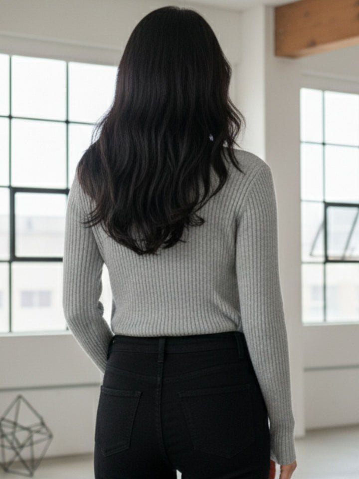 Grey Full Sleeve V Neck Fitted Top