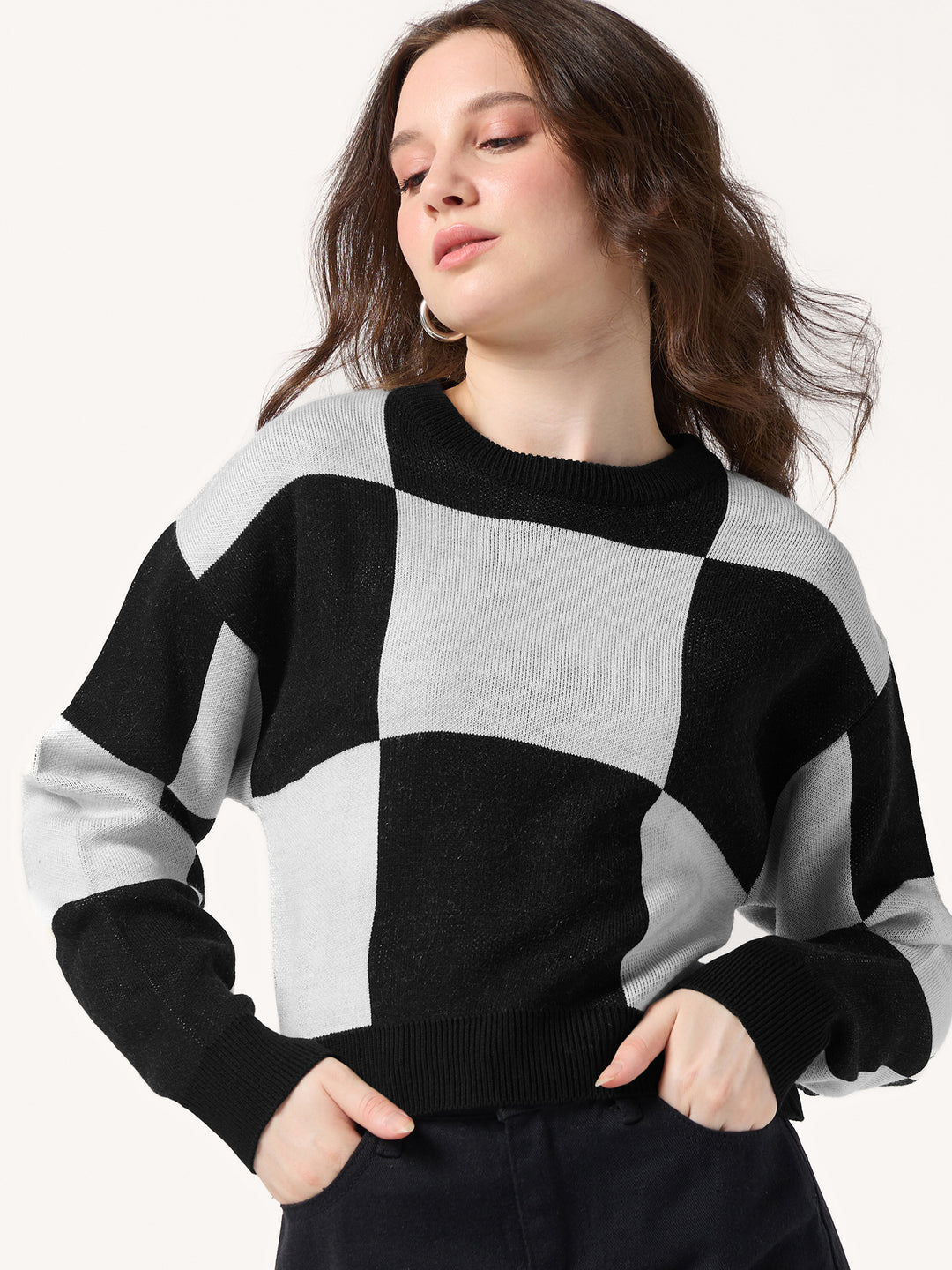 Black Colour Block Checkered Sweater
