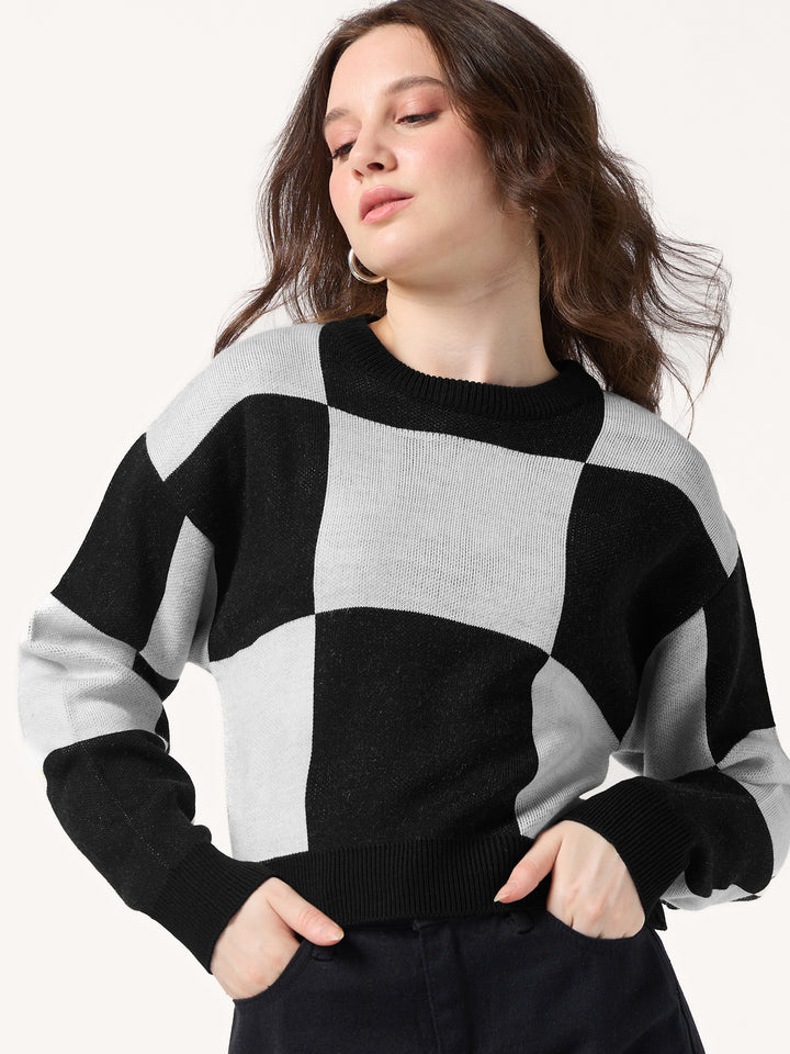 Black Colour Block Checkered Sweater