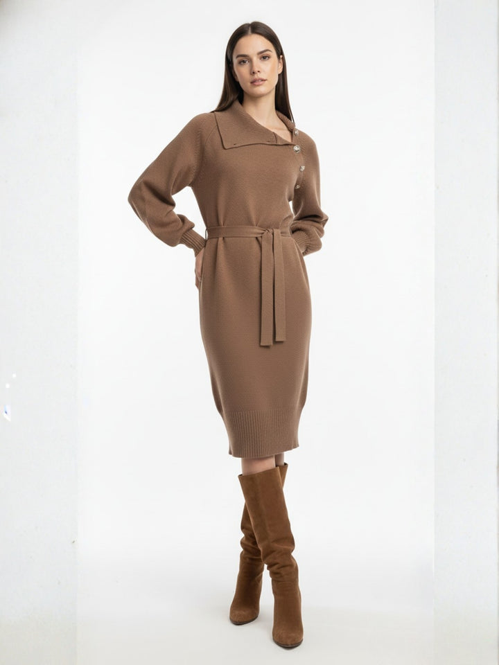 Brown Full Sleeve Neck Detail Dress